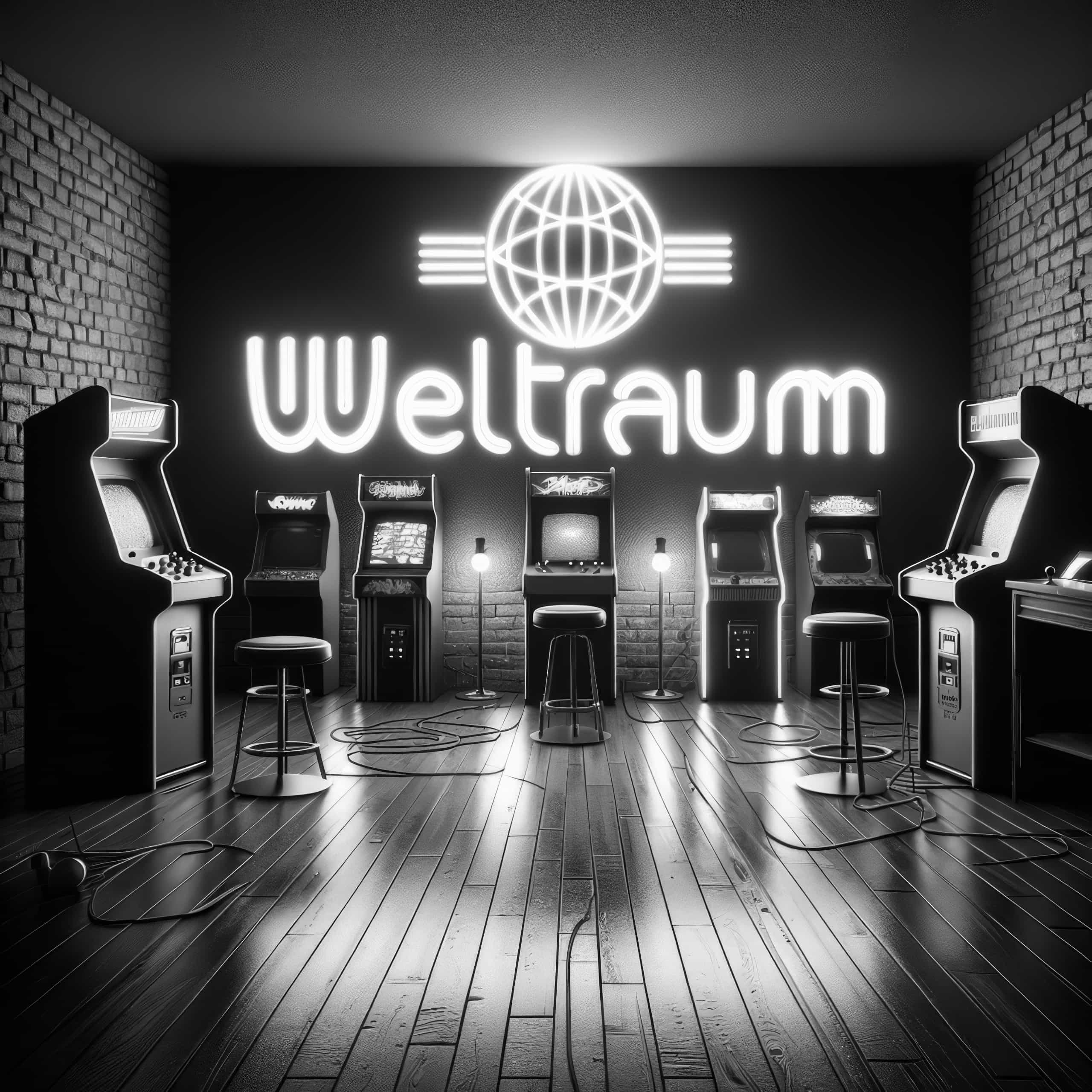 Weltraum LOG Hintergrundbild, Raum mit Retro-Spielautomaten und Neonschrift.