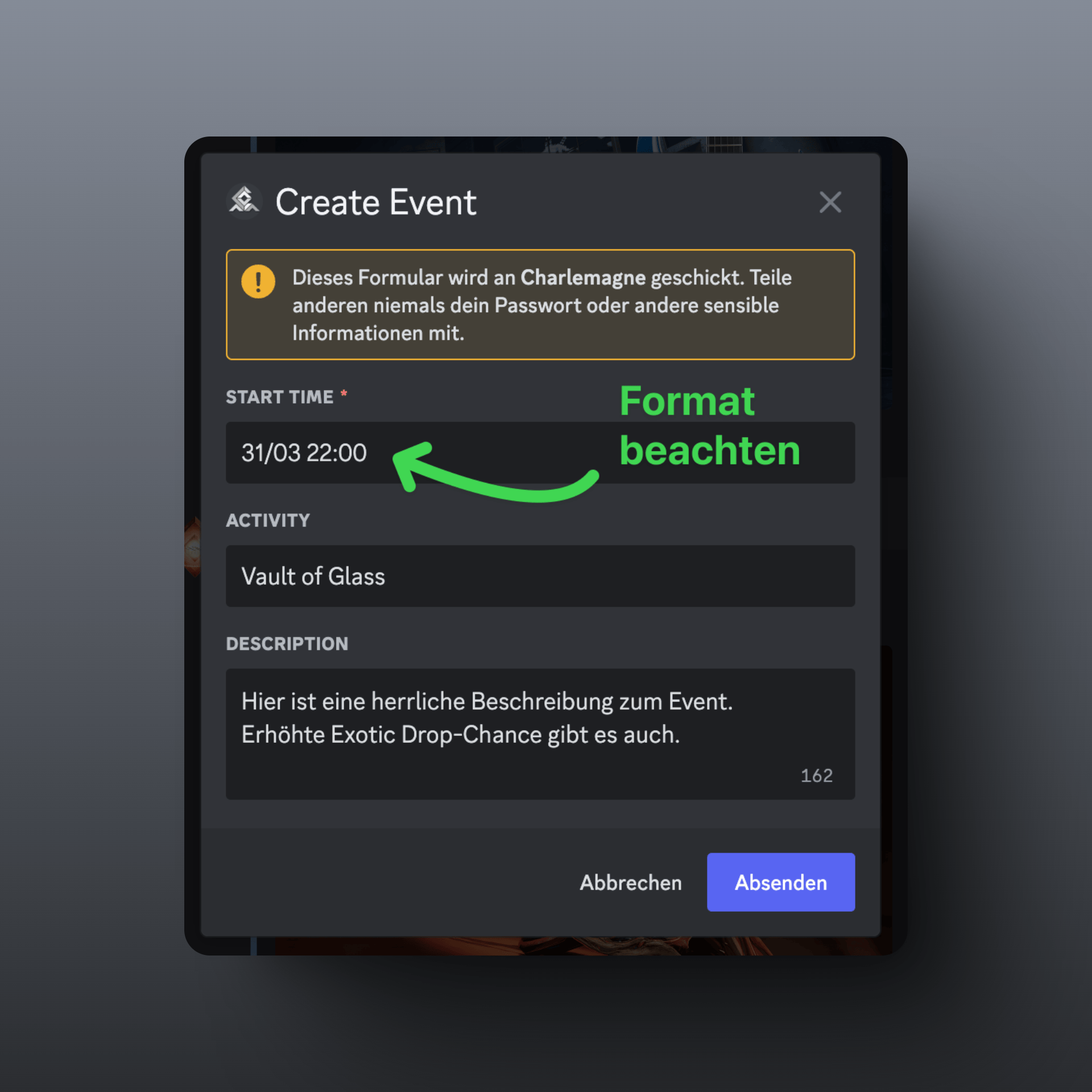Screenshot des Popups zum Eingeben von Details zum LFG-Event: Startzeit, Aktivität, Beschreibung.