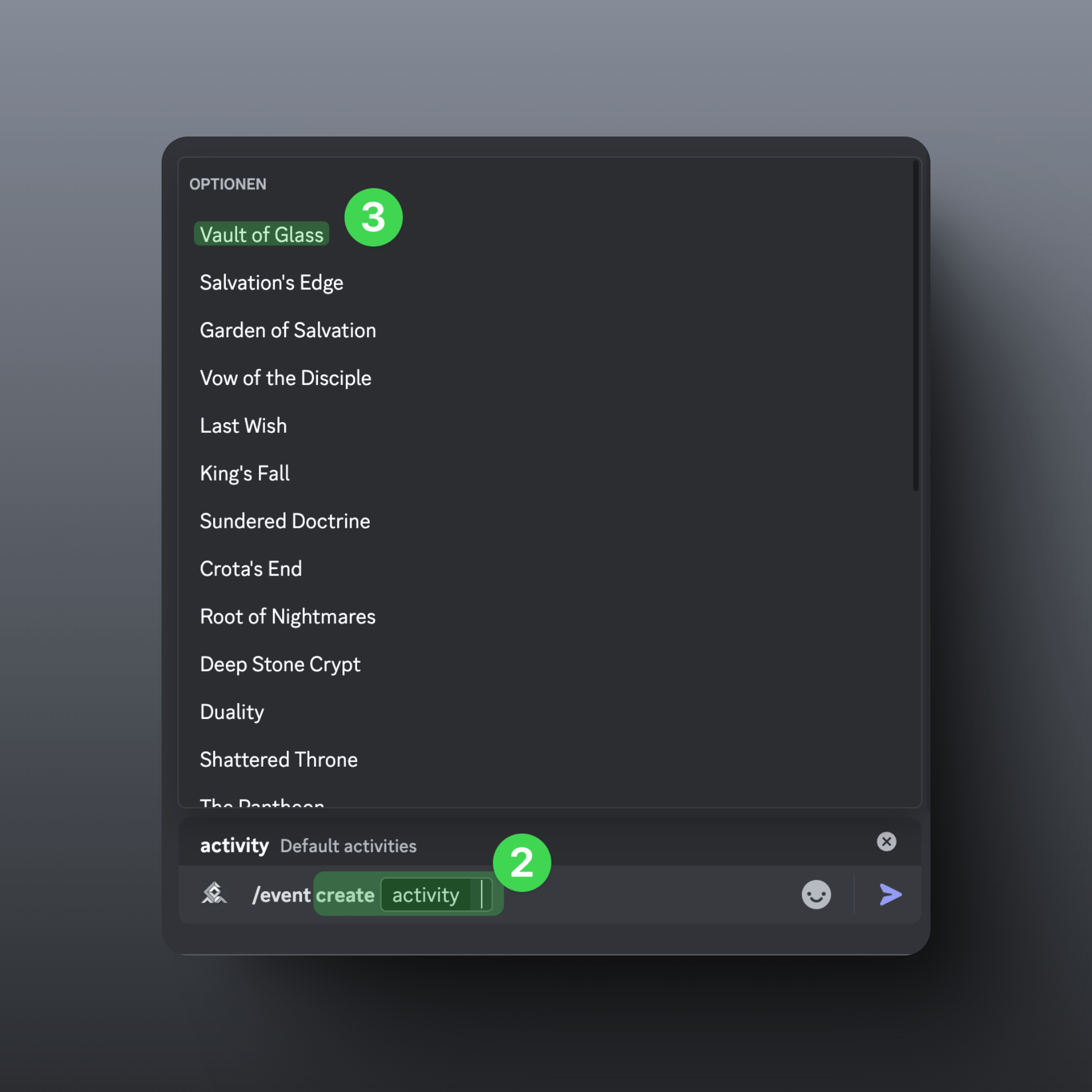 Screenshot des Aktivitäten-Tooltips beim erstellen eines LFG Events im Discord Kanal.