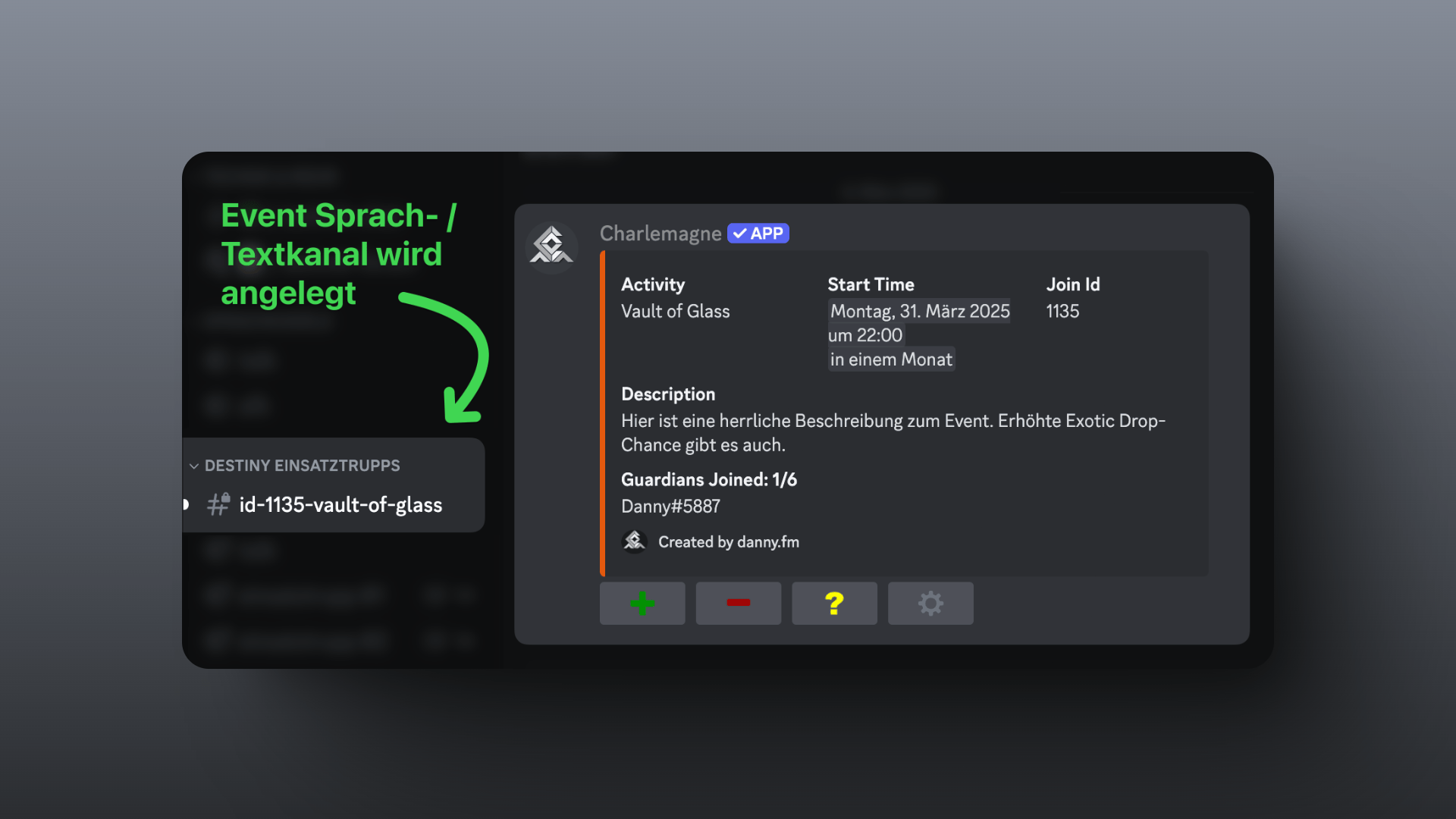 Screenshot der Discord Kanalliste, mit neu erstelltem Sprach- und Textkanal für das Event.